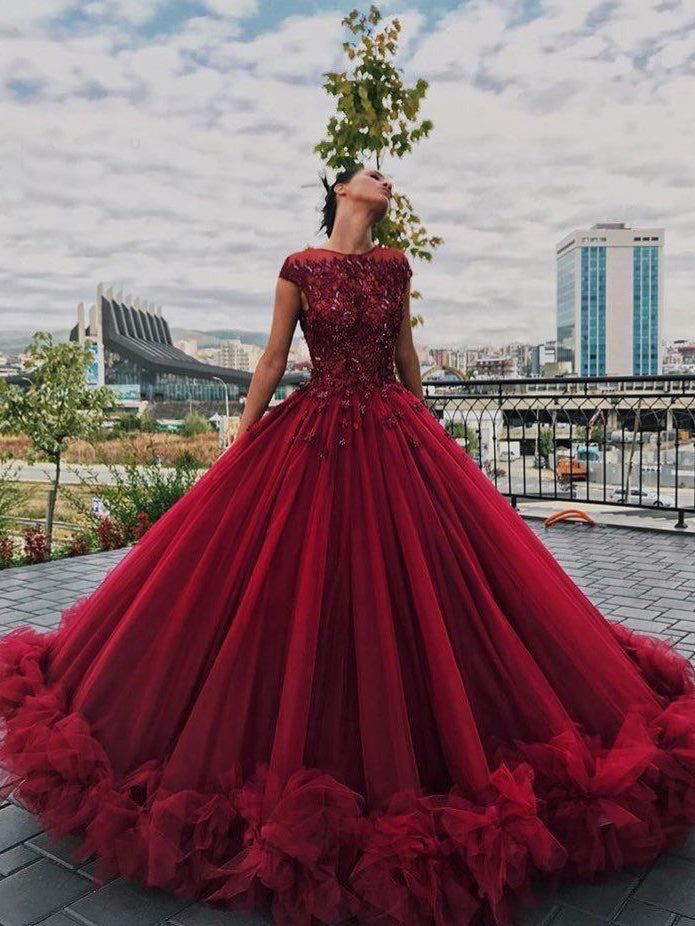 Ball Gown Prom Dresses Scoop Long Beading Chic Luxury Big Burgundy Pro Anna Promdress 9819