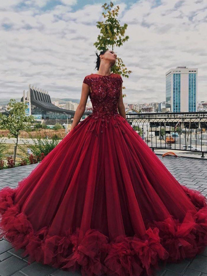 Ball Gown Prom Dresses Scoop Long Beading Chic Luxury Big Burgundy Pro