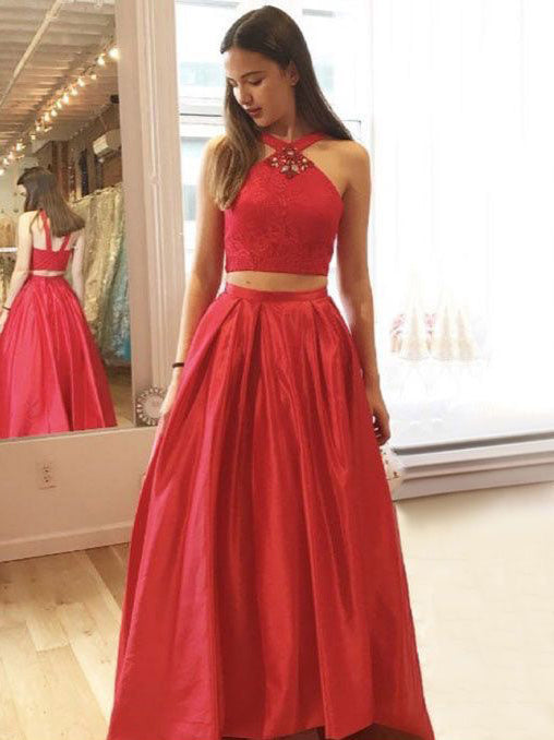 Two Piece Prom Dresses Halter Floor-length Aline Chic Lace Prom Dress ...