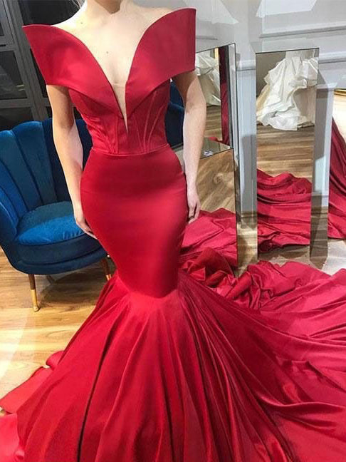 Mermaid Prom Dresses off-the-shoulder Sweep Train Chic Red Prom Dress ...