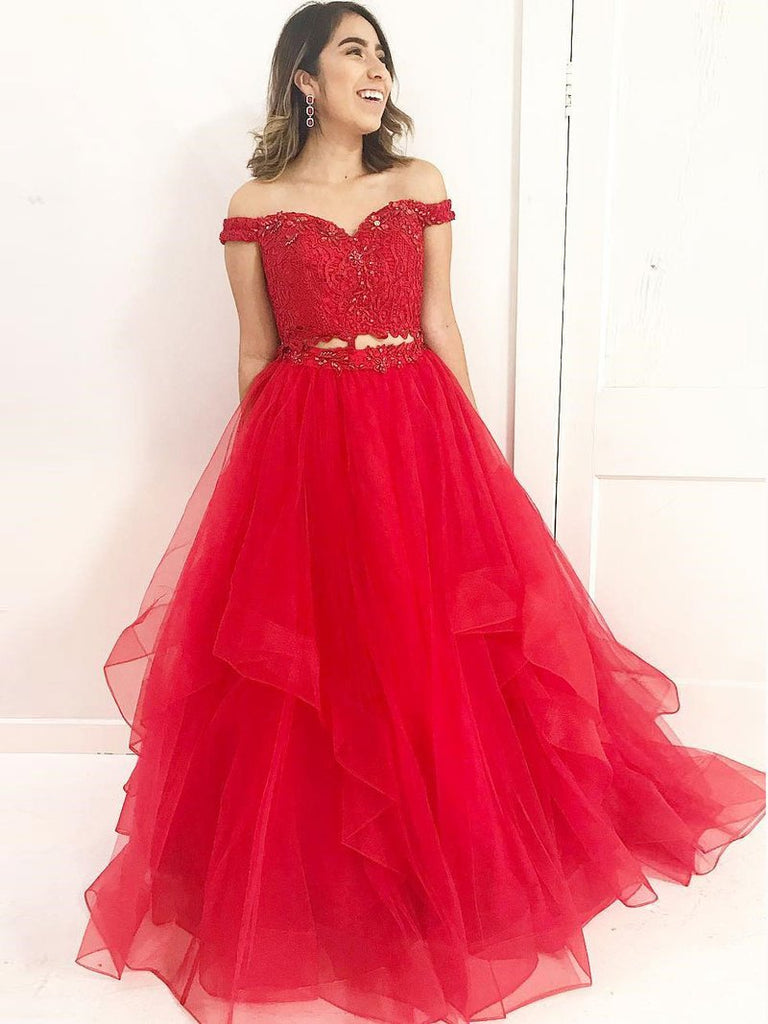 Two Piece Prom Dresses Off The Shoulder A Line Long Red Prom Dress Jkl Anna Promdress 7638