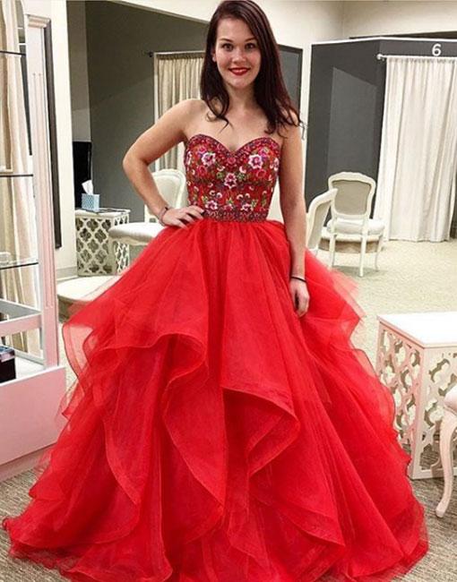 Ball Gown Prom Dresses Sweetheart Embroidery Floor-length Red Prom Dre ...