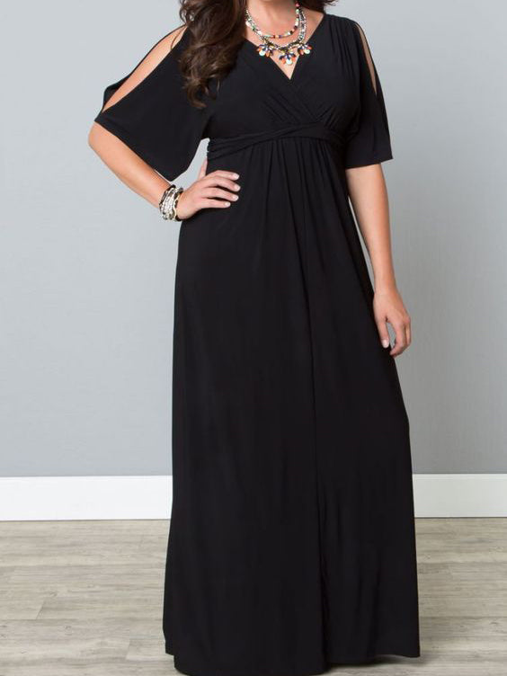 Chic Plus Size Prom Dresses Black Half Sleeve Chiffon Long Prom Dress ...