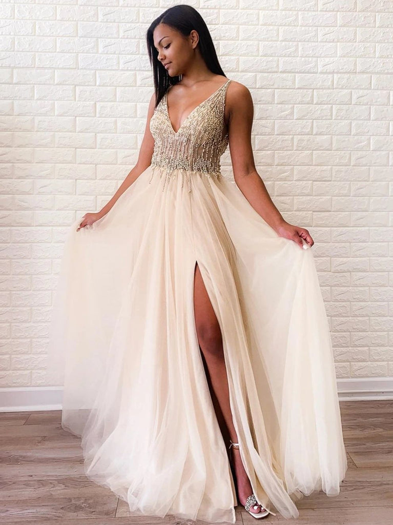 Sexy Deep V Neck Side Slit Beaded Long Prom Evening Dress Jkr301 Anna Promdress