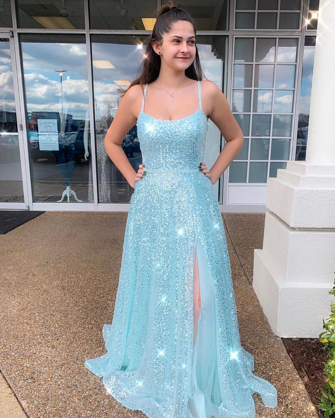 Spaghetti Straps Scoop Mint Tulle Sparkly Prom Dress with Slit JKR317 ...