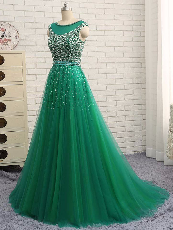 Hunter Green Prom Dresses A-line Short Train Tulle Long Prom Dress/Eve ...