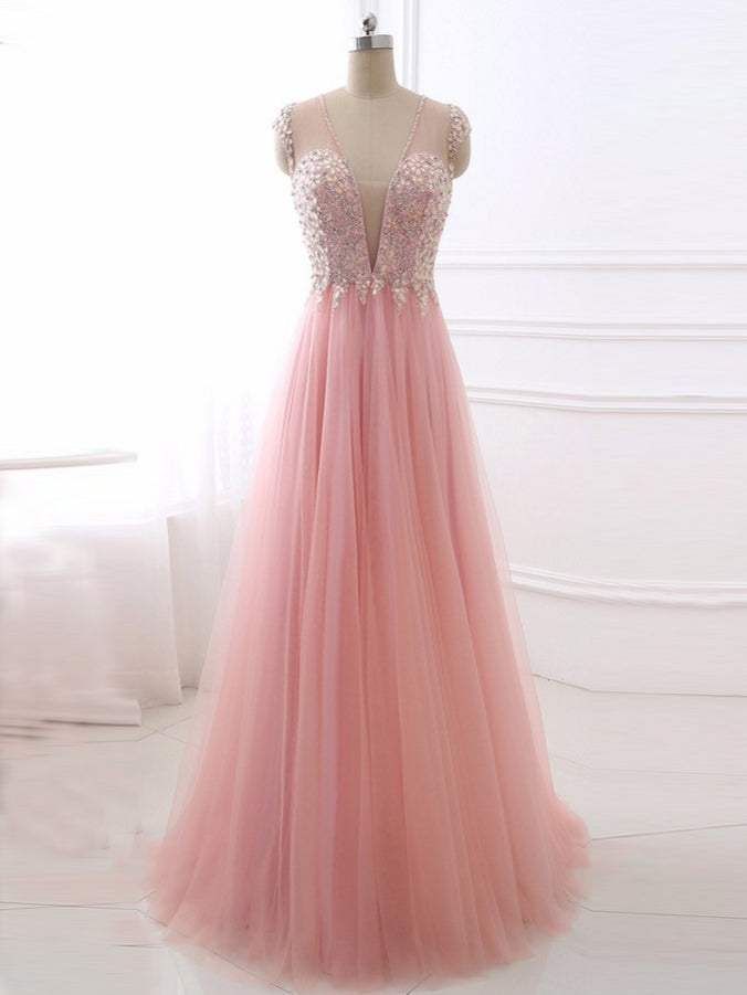 Pink Chic Prom Dresses V-neck Floor-length Tulle Rhinestone Prom Dress ...