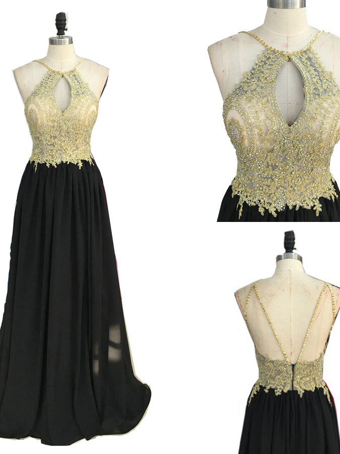 Black Halter Prom Dresses Appliques Floorlength Long Sexy Prom Dress