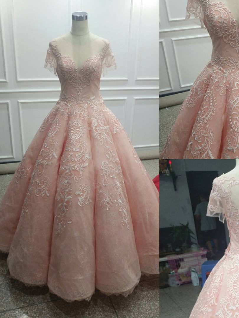 Ball Gown Prom Dresses Scoop Pearl Pink Lace Appliques Long Prom Dress ...
