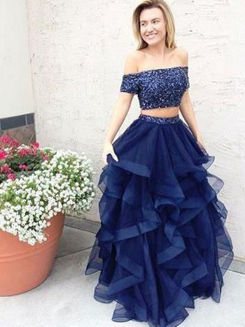 Long Two Piece Prom Dresses Dark Navy Off-the-shoulder Sexy Prom Dress ...