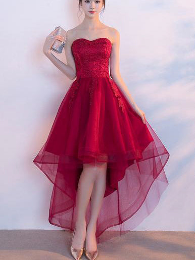 Beautiful Prom Dresses Asymmetrical Sweetheart Lace Burgundy Prom Dress/Evening Dress JKS211