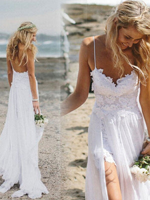 dresses beach slide previous straps spaghetti ivory bridal lace cheap simple