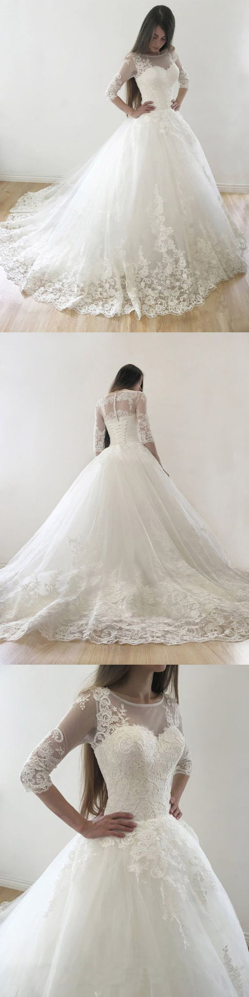 Ball Gown Wedding Dresses Scoop Sweep Train Lace Tulle Chic Bridal Gow Anna Promdress 4081