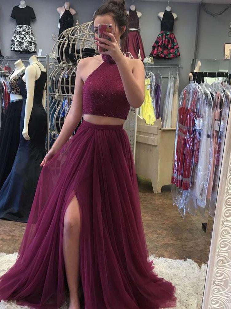 Two Piece Prom Dresses High Neck A Line Floorlength Tulle Long Sexy S