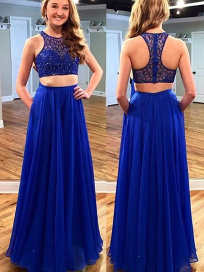 Two Piece Prom Dresses Scoop Floor-length Long Beading Prom Dress Sexy ...