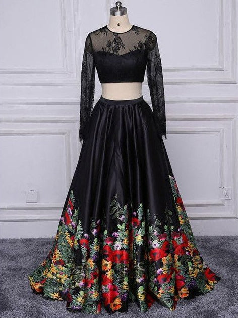 two piece black floral prom dress