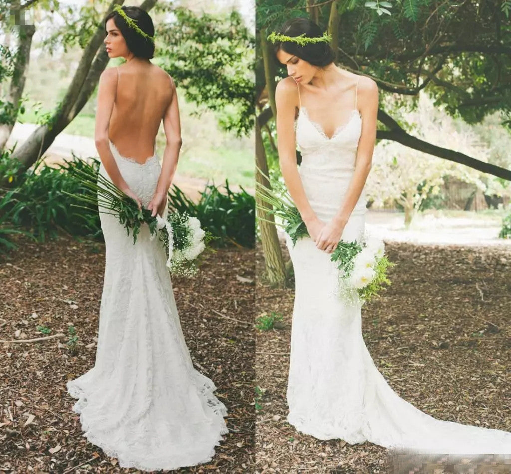 2022 Wedding Dresses Spaghetti Straps Ivory Lace Backless Tulle JKW014 ...