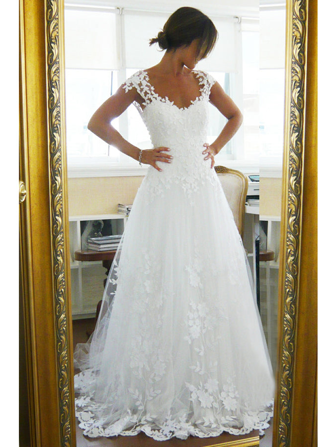 Chic Wedding Dresses V-neck A-line Brush Train Sexy White Lace Bridal ...
