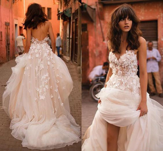 Cheap Wedding Dresses With Straps A Line Backless Brush Train