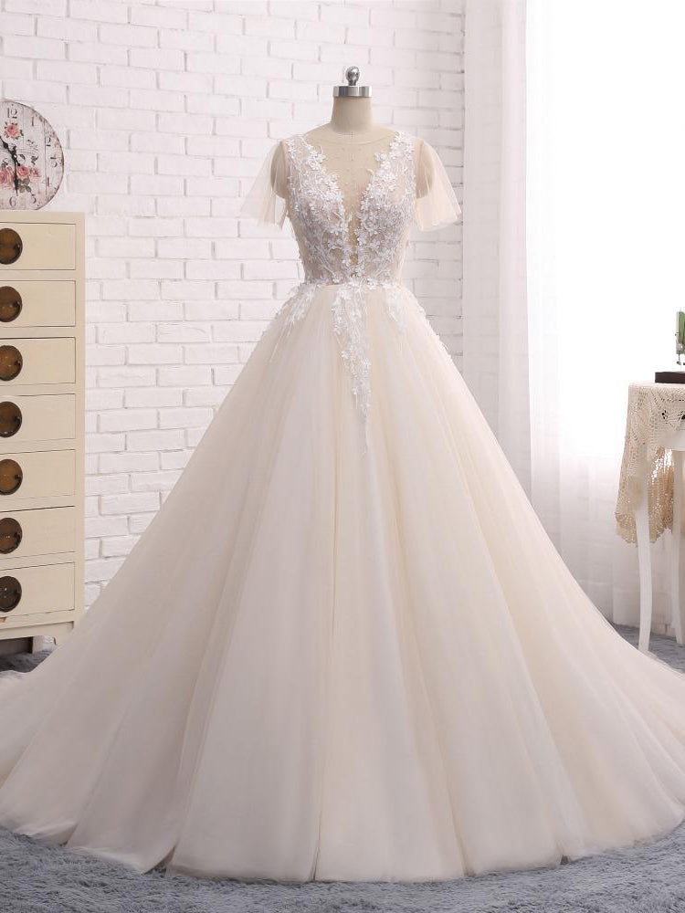 Ball Gown Wedding Dresses Romantic Long Train Short Sleeve Lace Big Br