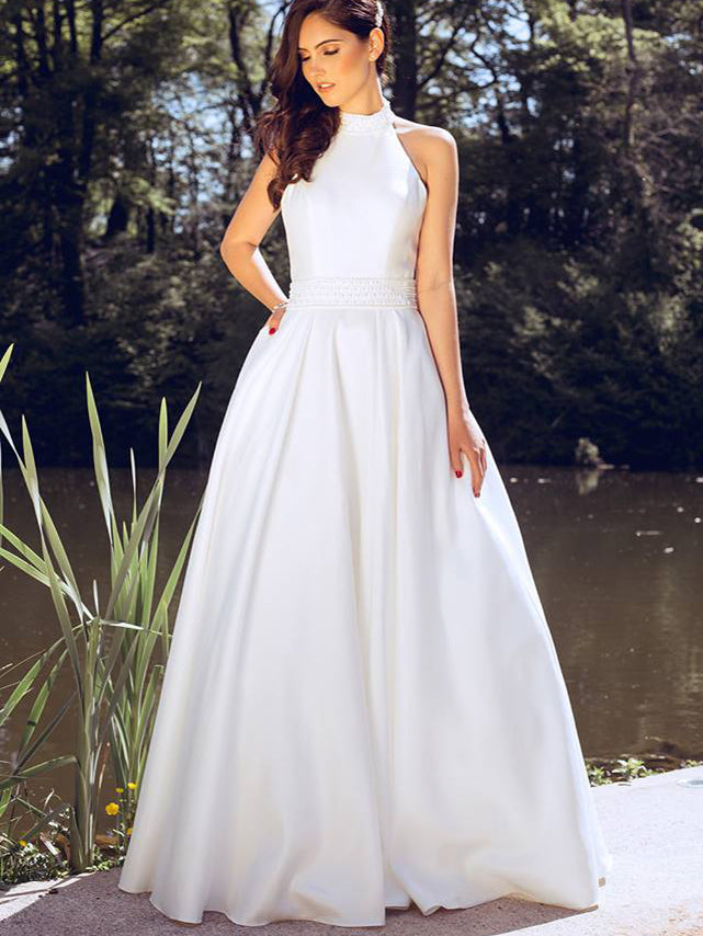 Simple Wedding Dresses Floor Length A Line Beading Halter Cheap