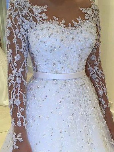 Ball Gown  Wedding  Dresses  with Bling  Bateau Lace Short 