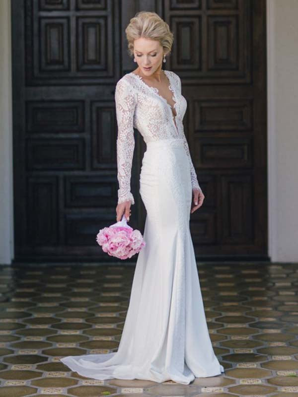 long-sleeve-wedding-dresses-v-neck-lace-simple-ivory-chiffon-mermaid-b-anna-promdress