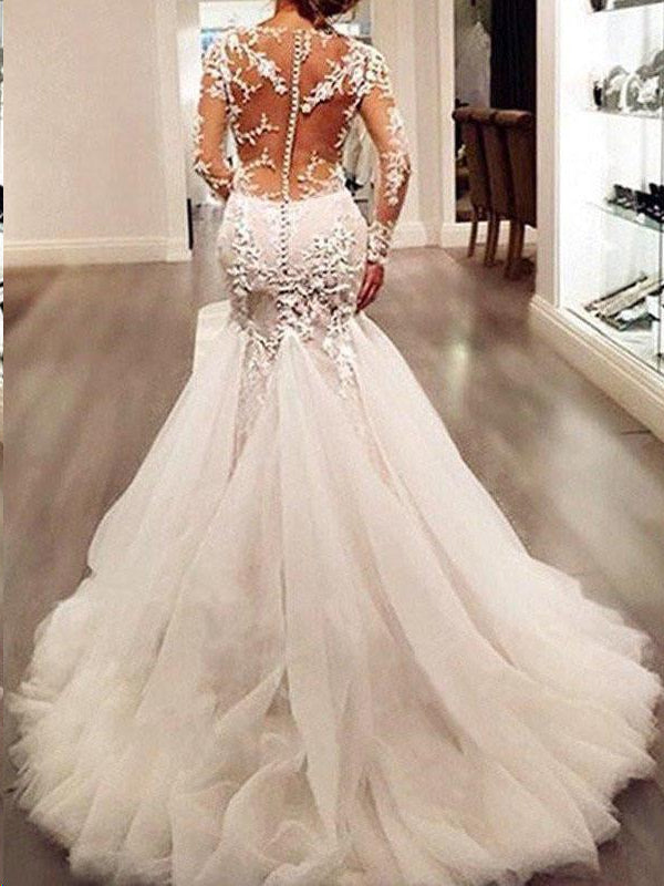 Long Sleeve Wedding Dresses Romantic Lace Sweep Train Beading Mermaid ...