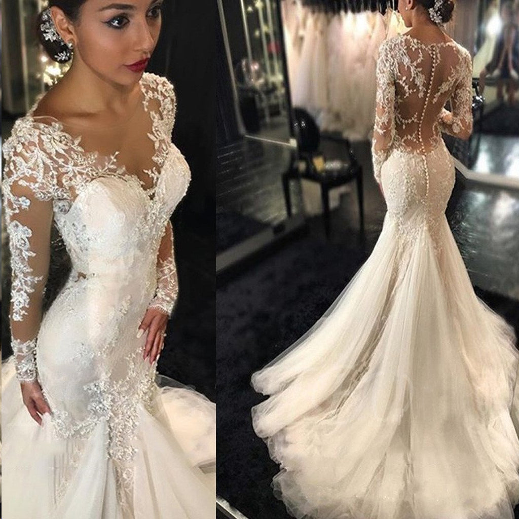 Long Sleeve Wedding Dresses Romantic Lace Sweep Train Beading Mermaid ...