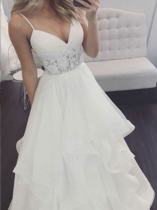 Beach Wedding Dresses Romantic Spaghetti Straps Simple Lace A Line Bridal Gown Jkw311