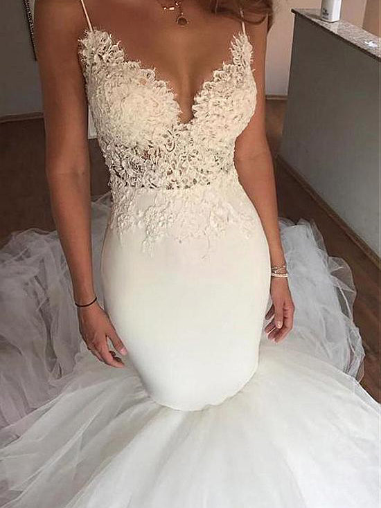 Backless Wedding Dresses Mermaid Spaghetti Straps Simple Open Back Bri Anna Promdress 0397
