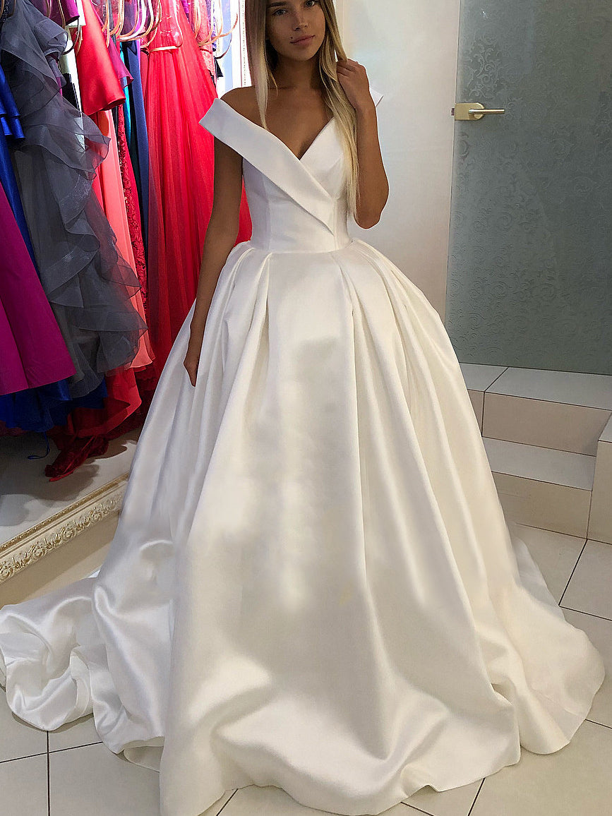 Simple Wedding Dresses Aline V-neck Open Back Long Train Satin Classic ...