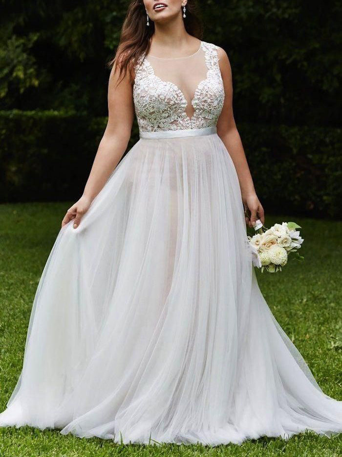 Simple Wedding Dresses Aline Scoop Appliques Beautiful Long Plus Size