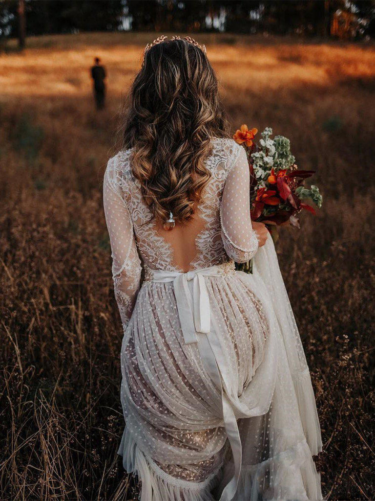 Long Sleeve Wedding Dresses V-neck Long Train Polka Dot Lace Open Back ...