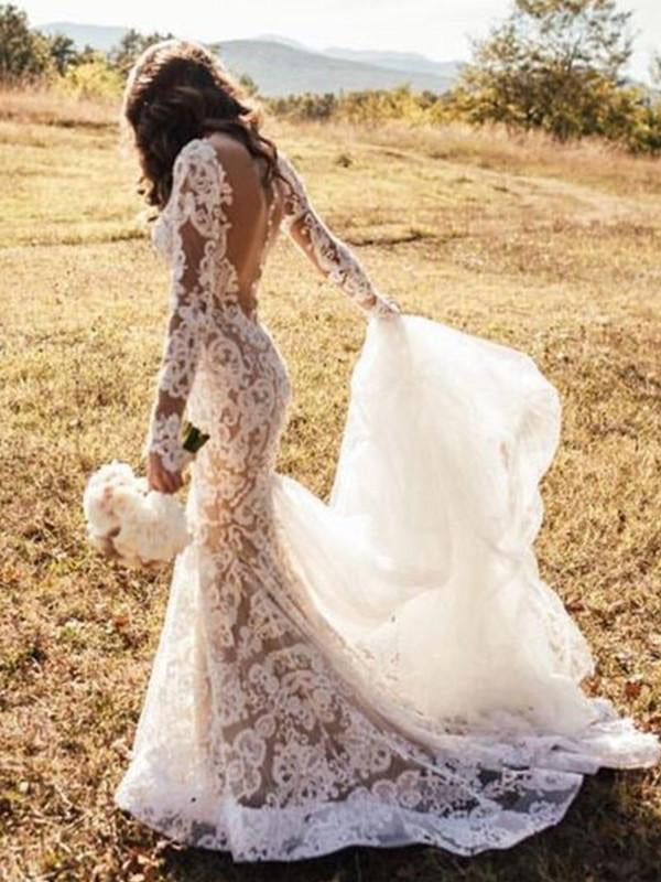 long sleeve button back wedding dress