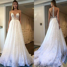 Sexy Deep V-neck Sparkly Wedding Dress A Line See Though Back Wedding Dress with Brush/Sweep Bridal Gown JPE6801|annapromdress