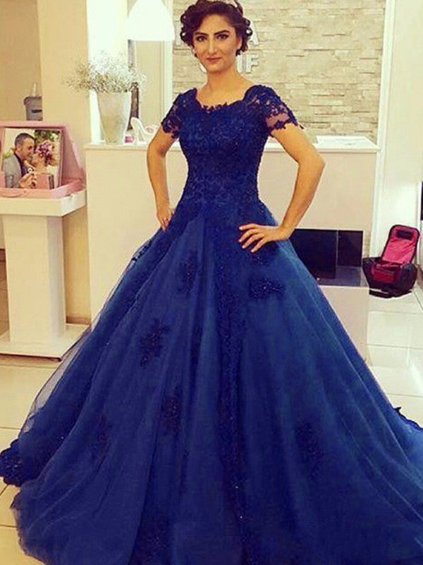 A-line Scoop Floor-length Tulle Royal Blue Prom Dress Evening Dress ...