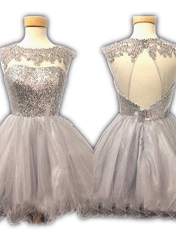 open back short prom dresses,Silver A-line Scoop Short Mini Tulle Homecoming Dress SP8138