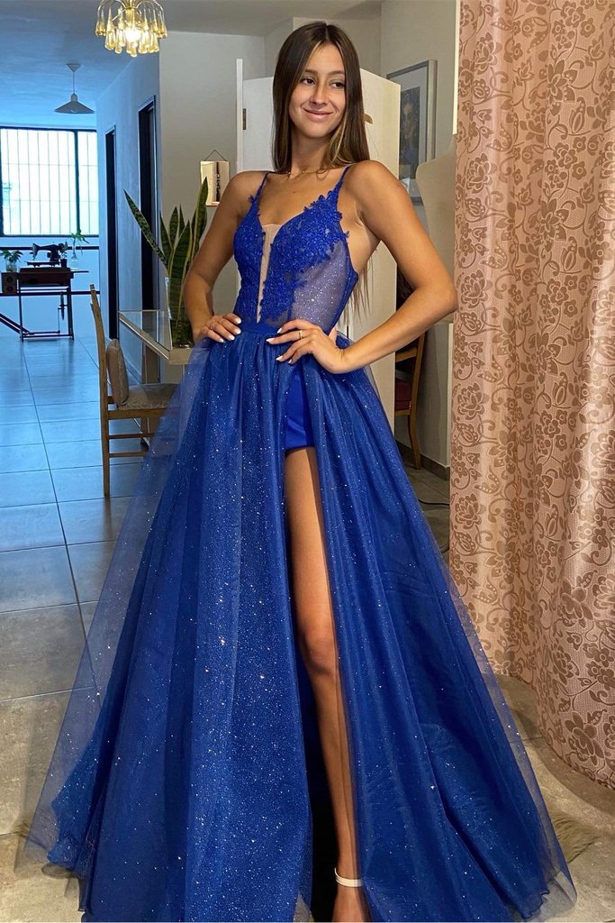 Shiny V Neck Blue Lace Long Prom Dress with High Slit, Sparkly Formal ...
