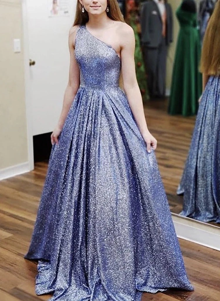 A Line One Shoulder Navy Blue Tulle Sparkle Prom Dress Jkq110 Anna Promdress 6664