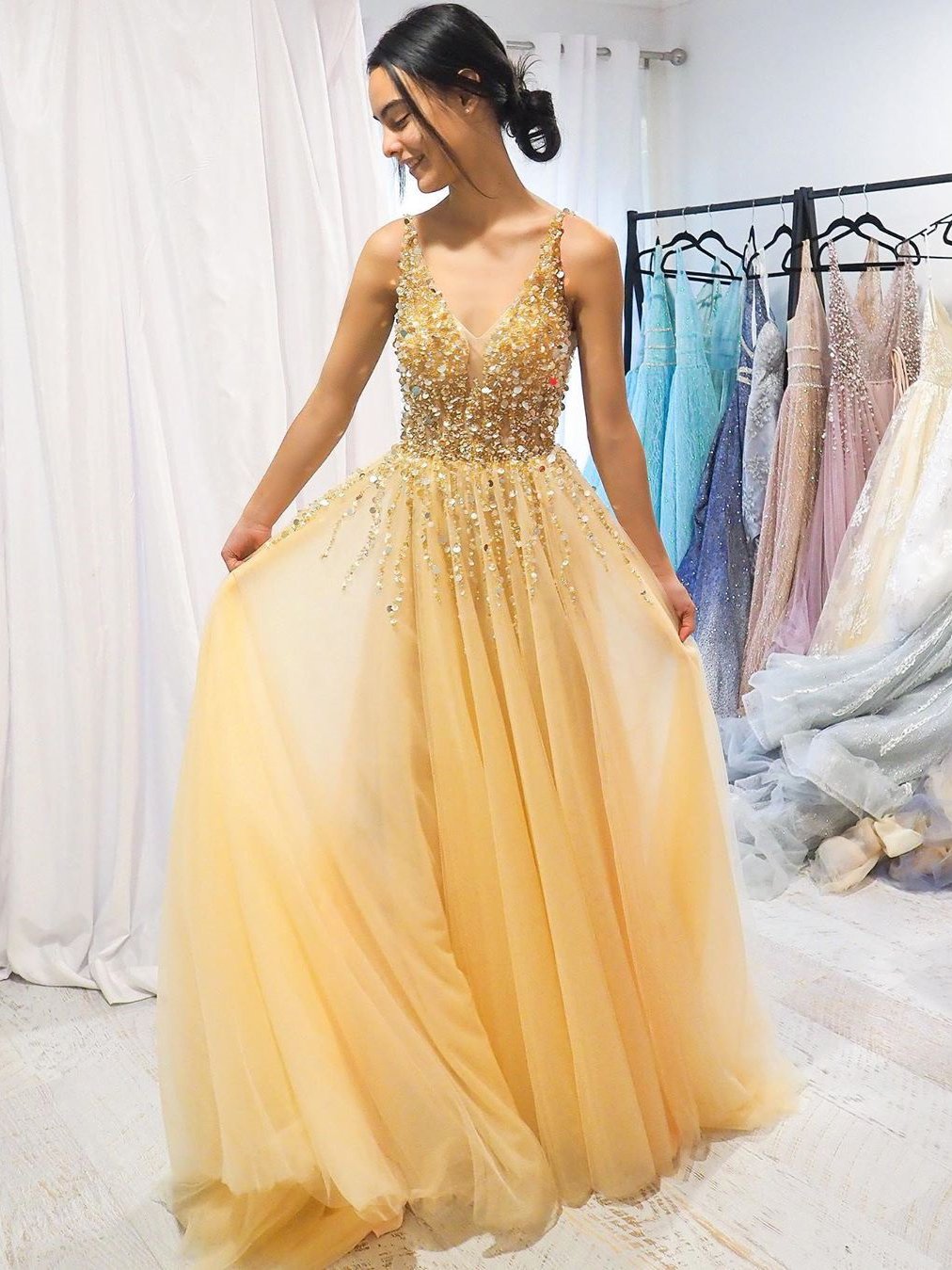 A Line V Neck Yellow Sparkly Long Prom Dresses Gorgeous Formal Dresses Anna Promdress 