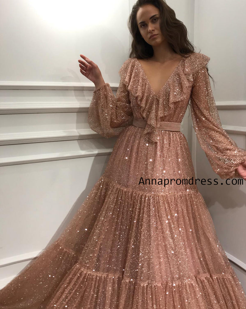 Sparkly Prom Dresses Long Sexy V Neck Long Sleeve Rose Gold Unique Pro ...