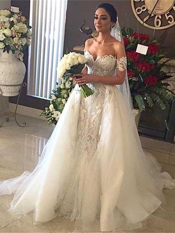 Princess Wedding Dress Off-the-shoulder Detachable Train Lace Bridal G ...