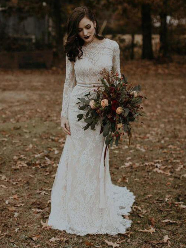 Long Sleeves Vintage Wedding Dress Backless Rustic Lace Wedding Dress ...