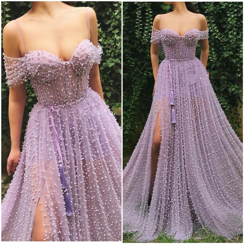 Sexy Spaghetti Straps Peal Long Prom Dress With Slit Lavender Modest T Anna Promdress 