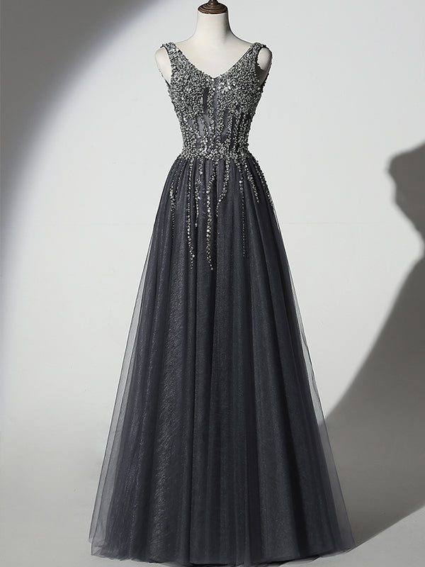 Stunning Beading Long Prom Dresses With Straps A Line Floor Length Black Prom Evening Dress Ysr442