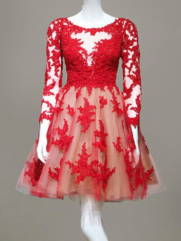 Long Sleeve Prom Dresses Red A Line Scoop Short Mini Tulle Homecoming Anna Promdress