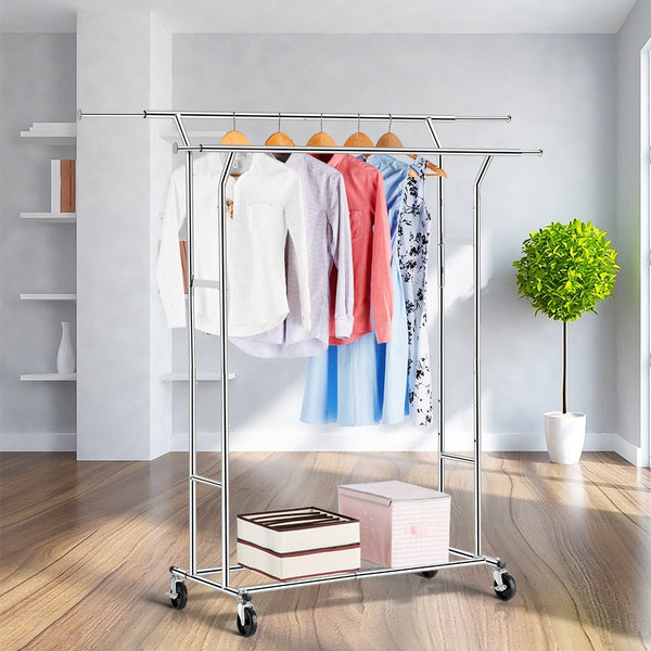 LANGRIA Collapsible Adjustable Double Rail Rolling Garment Rack Chrome