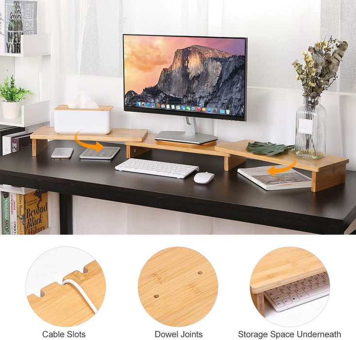 Bamboo Wood Monitor Stand Riser 3 Shelf For Dual Triple Screens