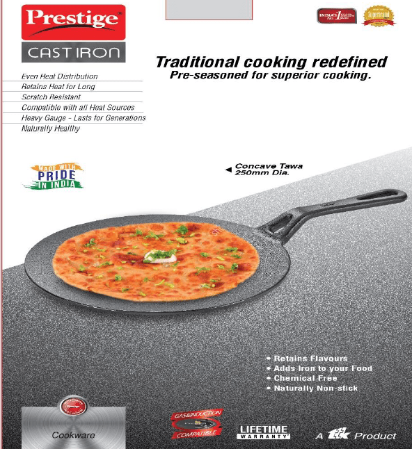 Bergner Elements Pre-Seasoned Cast Iron Dosa Tawa, 30 cm